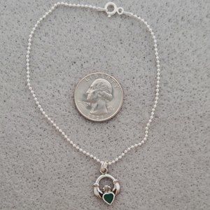 Anklet 925 Sterling Silver Chain and Claddagh Charm with Green Jade